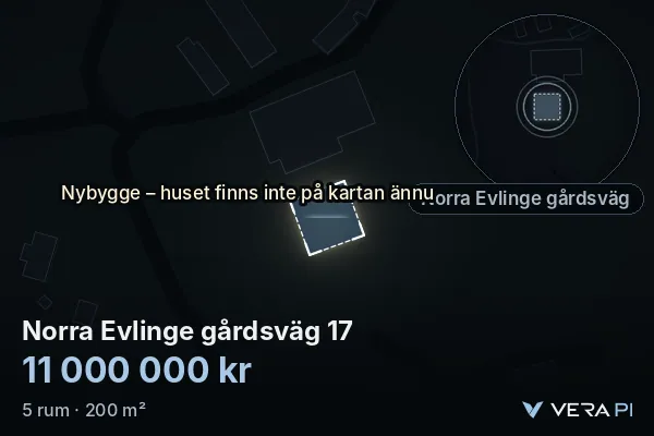 VERA PI:s bild av Norra Evlinge gårdsväg 17: huset i 3D, upplyst i blått, och kartan runt omkring