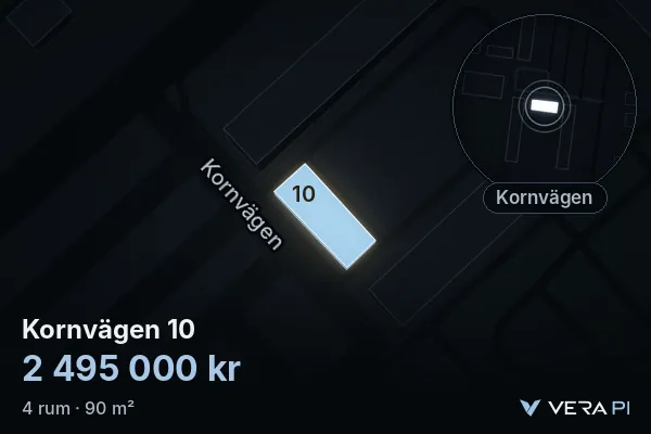 VERA PI's image of Kornvägen 10: the building in 3D, lit in blue, and the map around it