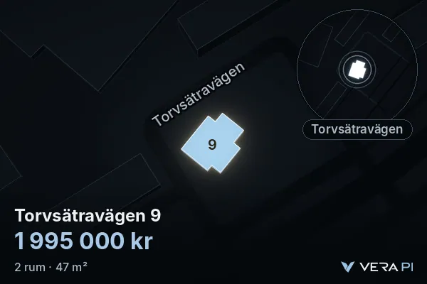 VERA PI's image of Torvsätravägen 9: the building in 3D, lit in blue, and the map around it