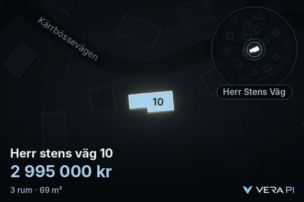 VERA PI:s bild av Herr stens väg 10: huset i 3D, upplyst i blått, och kartan runt omkring