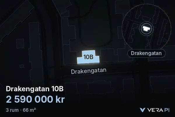 VERA PI's image of Drakengatan 10B: the building in 3D, lit in blue, and the map around it
