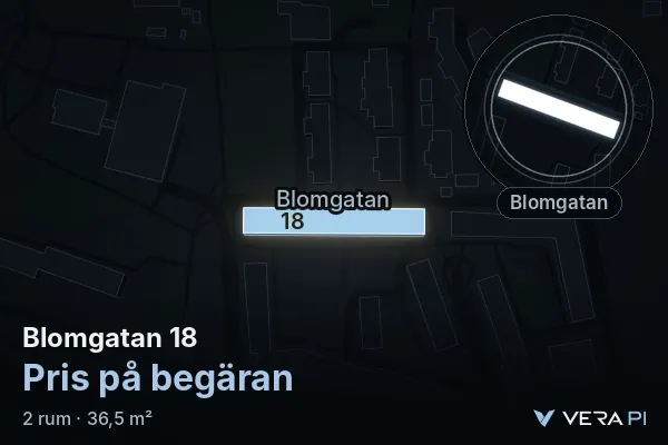 VERA PI's image of Blomgatan 18: the building in 3D, lit in blue, and the map around it