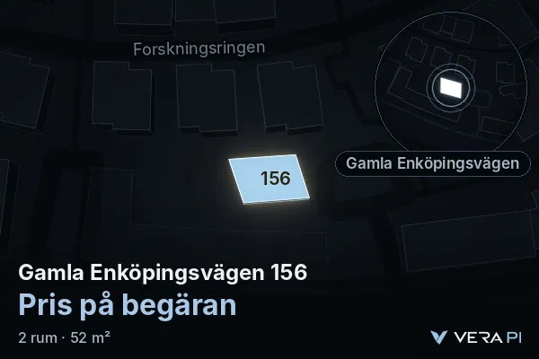 VERA PI:s bild av Gamla Enköpingsvägen 156: huset i 3D, upplyst i blått, och kartan runt omkring