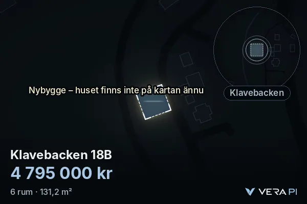 VERA PI:s bild av Klavebacken 18B: huset i 3D, upplyst i blått, och kartan runt omkring
