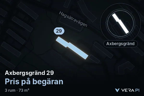 VERA PI's image of Axbergsgränd 29: the building in 3D, lit in blue, and the map around it
