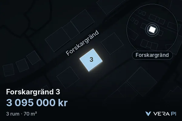 VERA PI:s bild av Forskargränd 3: huset i 3D, upplyst i blått, och kartan runt omkring
