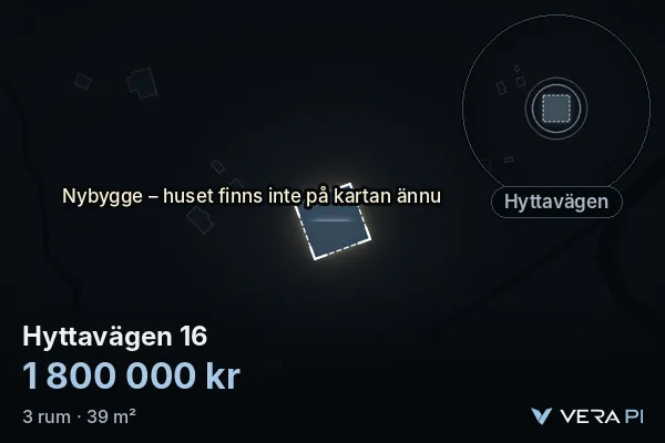 VERA PI:s bild av Hyttavägen 16: huset i 3D, upplyst i blått, och kartan runt omkring
