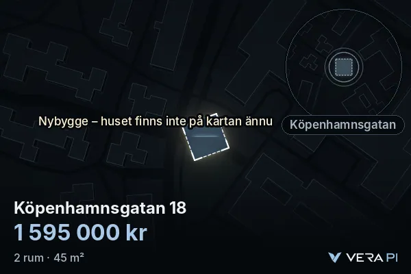 VERA PI's image of Köpenhamnsgatan 18: the building in 3D, lit in blue, and the map around it
