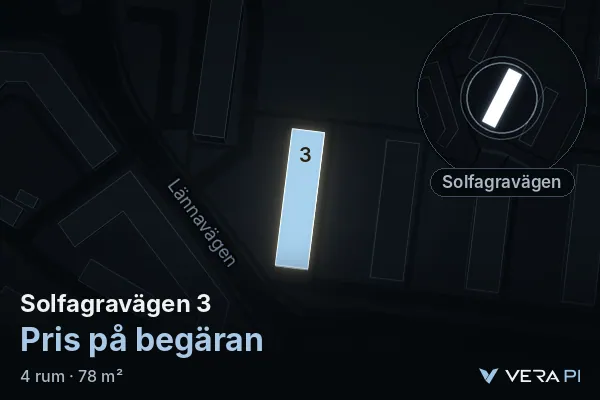 VERA PI:s bild av Solfagravägen 3: huset i 3D, upplyst i blått, och kartan runt omkring