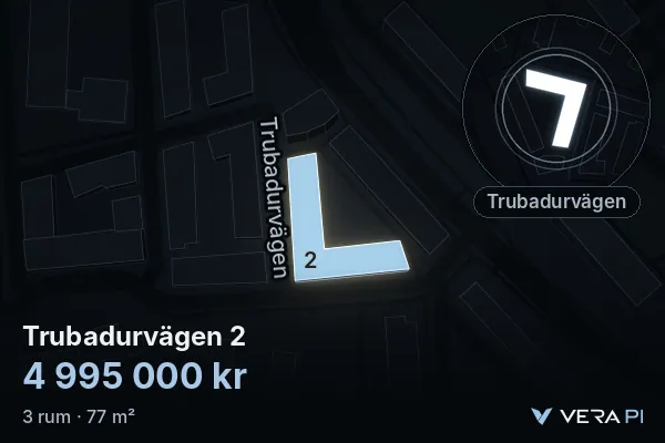 VERA PI's image of Trubadurvägen 2: the building in 3D, lit in blue, and the map around it