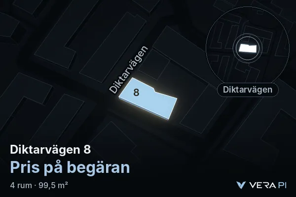 VERA PI:s bild av Diktarvägen 8: huset i 3D, upplyst i blått, och kartan runt omkring