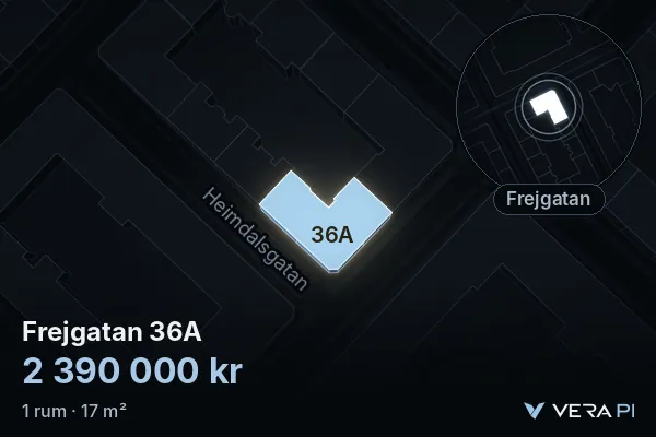 VERA PI's image of Frejgatan 36A: the building in 3D, lit in blue, and the map around it