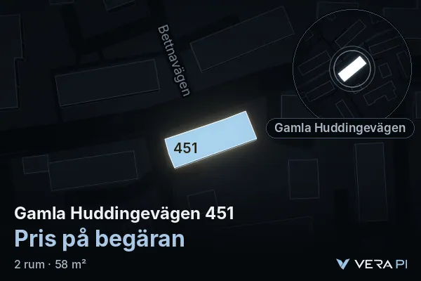 VERA PI:s bild av Gamla Huddingevägen 451: huset i 3D, upplyst i blått, och kartan runt omkring