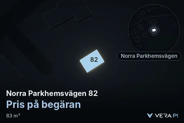 VERA PI's image of Norra Parkhemsvägen 82: the building in 3D, lit in blue, and the map around it