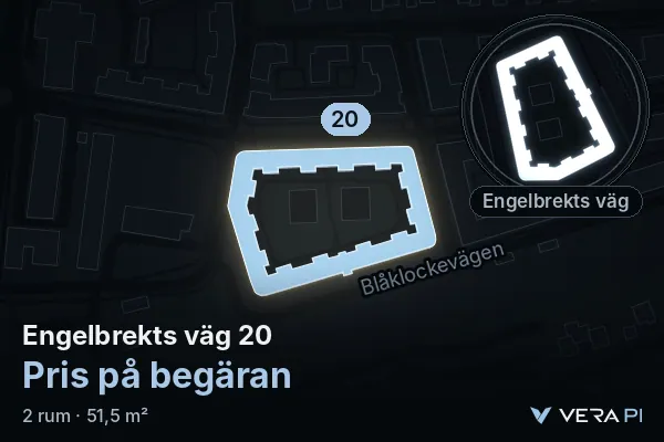 VERA PI's image of Engelbrekts väg 20: the building in 3D, lit in blue, and the map around it