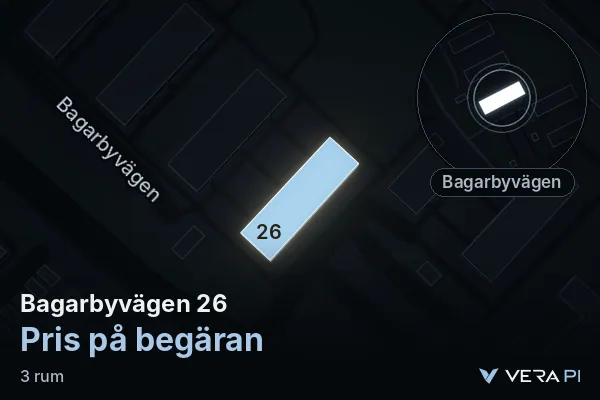 VERA PI's image of Bagarbyvägen 26: the building in 3D, lit in blue, and the map around it