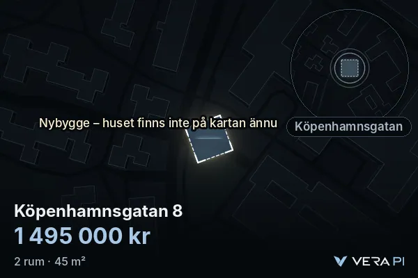 VERA PI's image of Köpenhamnsgatan 8: the building in 3D, lit in blue, and the map around it