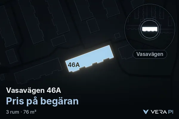 VERA PI's image of Vasavägen 46A: the building in 3D, lit in blue, and the map around it