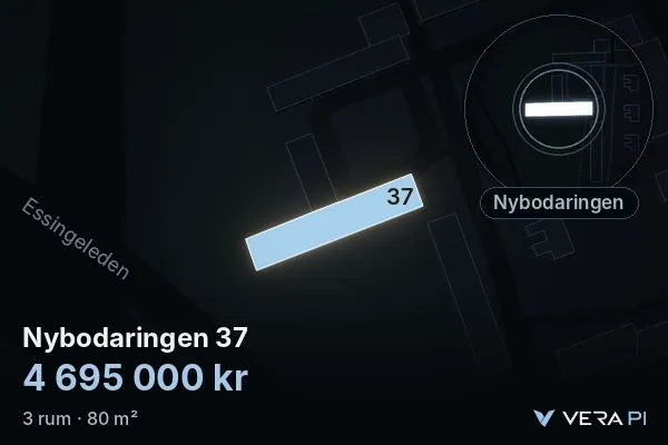 VERA PI's image of Nybodaringen 37: the building in 3D, lit in blue, and the map around it