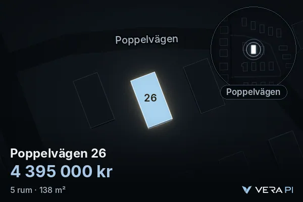 VERA PI's image of Poppelvägen 26: the building in 3D, lit in blue, and the map around it