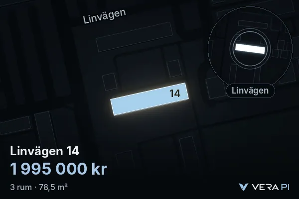 VERA PI's image of Linvägen 14: the building in 3D, lit in blue, and the map around it