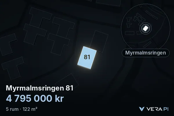 VERA PI:s bild av Myrmalmsringen 81: huset i 3D, upplyst i blått, och kartan runt omkring