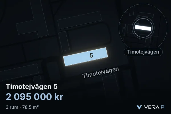 VERA PI's image of Timotejvägen 5: the building in 3D, lit in blue, and the map around it