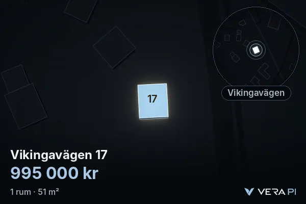 VERA PI:s bild av Vikingavägen 17: huset i 3D, upplyst i blått, och kartan runt omkring