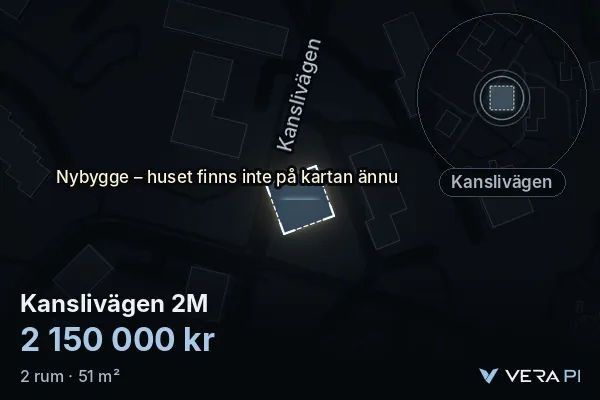VERA PI's image of Kanslivägen 2M: the building in 3D, lit in blue, and the map around it