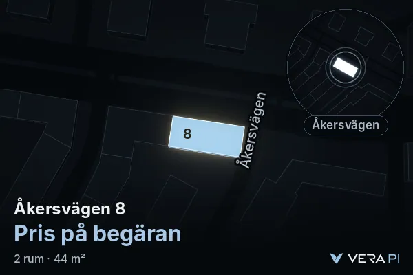 VERA PI's image of Åkersvägen 8: the building in 3D, lit in blue, and the map around it