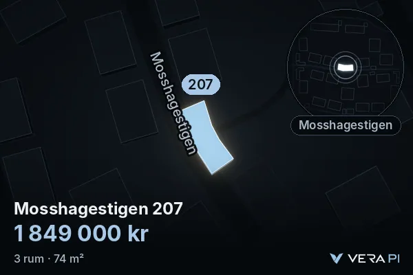 VERA PI's image of Mosshagestigen 207: the building in 3D, lit in blue, and the map around it