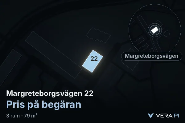 VERA PI's image of Margreteborgsvägen 22: the building in 3D, lit in blue, and the map around it