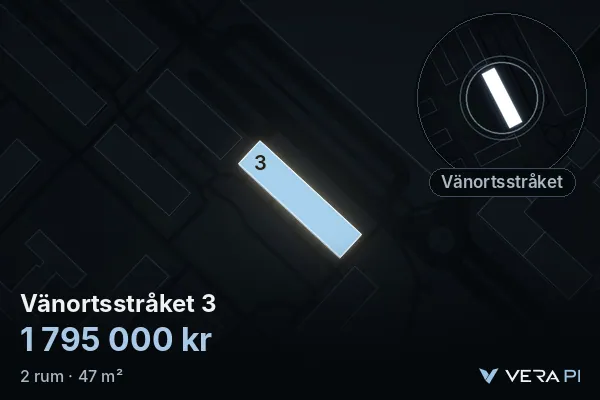 VERA PI's image of Vänortsstråket 3: the building in 3D, lit in blue, and the map around it