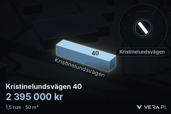 VERA PI:s bild av Kristinelundsvägen 40: huset i 3D, upplyst i blått, och kartan runt omkring