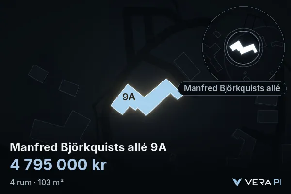 VERA PI:s bild av Manfred Björkquists allé 9A: huset i 3D, upplyst i blått, och kartan runt omkring