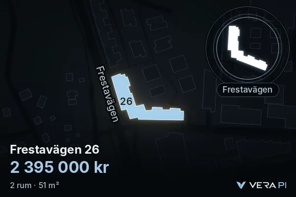 VERA PI's image of Frestavägen 26: the building in 3D, lit in blue, and the map around it