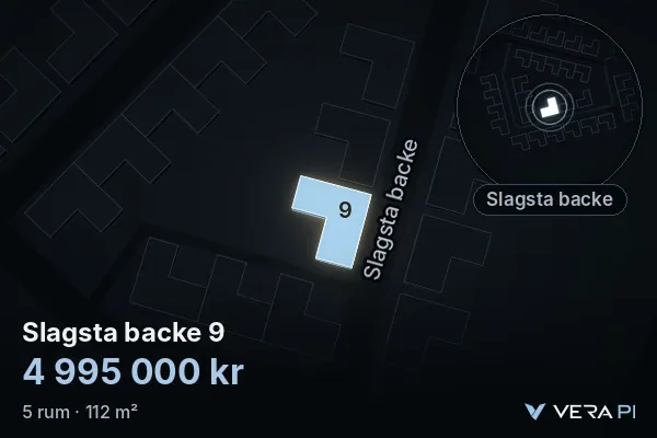VERA PI's image of Slagsta backe 9: the building in 3D, lit in blue, and the map around it