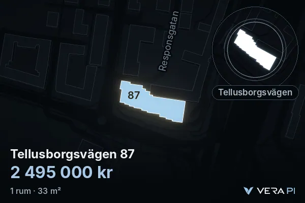 VERA PI's image of Tellusborgsvägen 87: the building in 3D, lit in blue, and the map around it