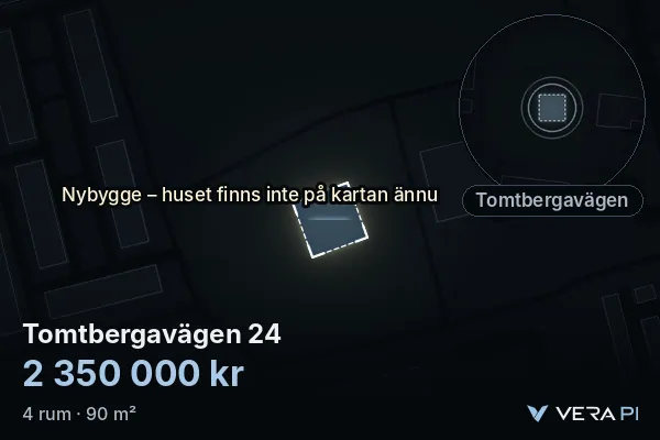 VERA PI's image of Tomtbergavägen 24: the building in 3D, lit in blue, and the map around it