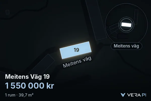 VERA PI:s bild av Meitens Väg 19: huset i 3D, upplyst i blått, och kartan runt omkring