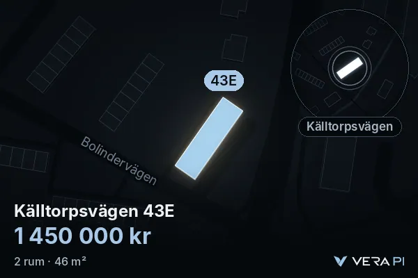 VERA PI's image of Källtorpsvägen 43E: the building in 3D, lit in blue, and the map around it