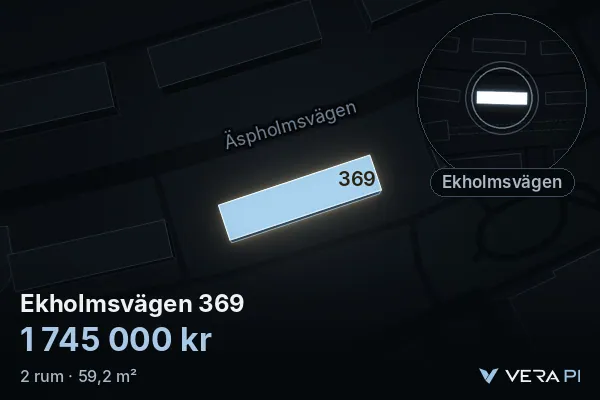 VERA PI:s bild av Ekholmsvägen 369: huset i 3D, upplyst i blått, och kartan runt omkring