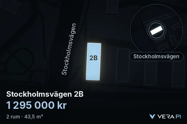 VERA PI's image of Stockholmsvägen 2B: the building in 3D, lit in blue, and the map around it