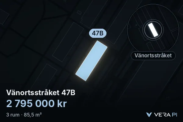 VERA PI's image of Vänortsstråket 47B: the building in 3D, lit in blue, and the map around it