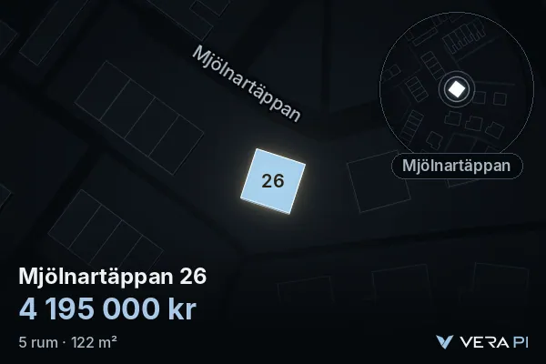 VERA PI's image of Mjölnartäppan 26: the building in 3D, lit in blue, and the map around it