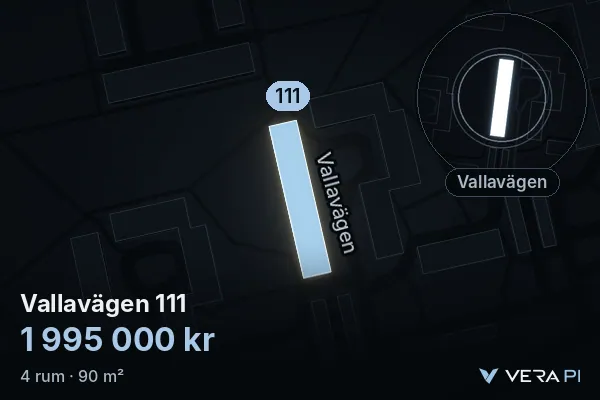 VERA PI:s bild av Vallavägen 111: huset i 3D, upplyst i blått, och kartan runt omkring