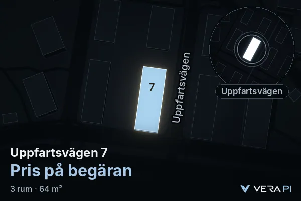 VERA PI:s bild av Uppfartsvägen 7: huset i 3D, upplyst i blått, och kartan runt omkring