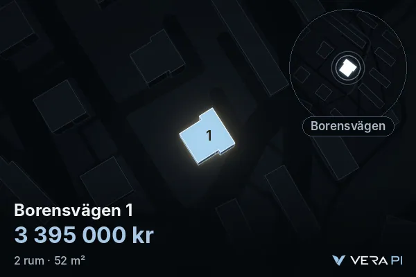 VERA PI:s bild av Borensvägen 1: huset i 3D, upplyst i blått, och kartan runt omkring