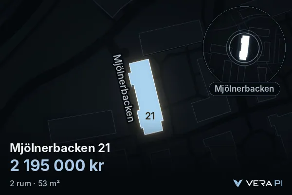 VERA PI:s bild av Mjölnerbacken 21: huset i 3D, upplyst i blått, och kartan runt omkring
