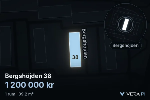VERA PI:s bild av Bergshöjden 38: huset i 3D, upplyst i blått, och kartan runt omkring
